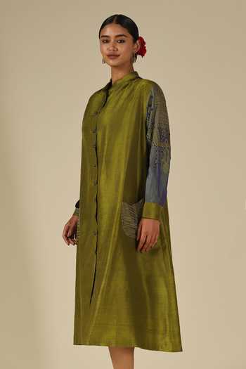 Buy_LATHA PUTTANNA_Olive Green Silk Embroidery Mandarin Collar Thread Midi Dress 