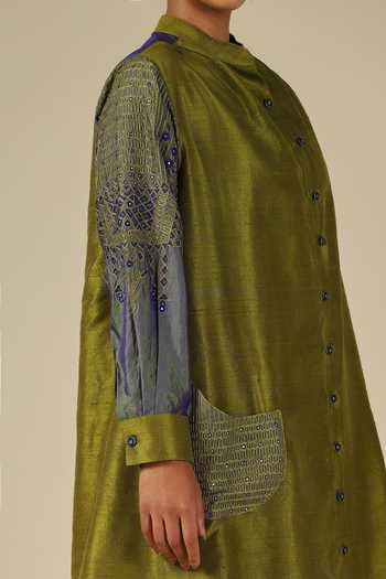 Shop_LATHA PUTTANNA_Olive Green Silk Embroidery Mandarin Collar Thread Midi Dress 