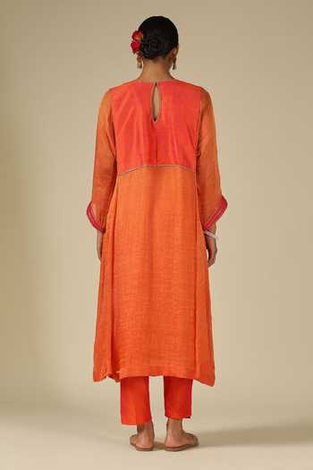 Shop_LATHA PUTTANNA_Coral Silk, Cotton, Tissue Embroidery Round Neck, Raw Hand Kurta And Pant Set _at_Aza_Fashions