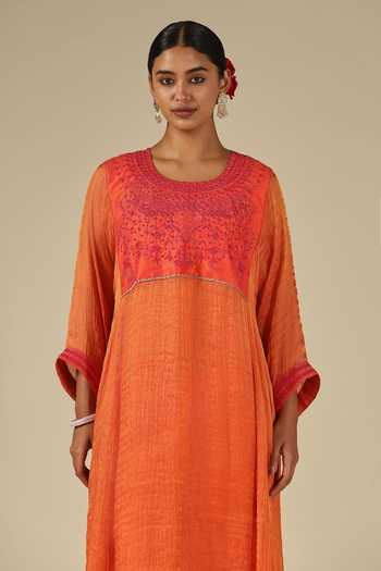 LATHA PUTTANNA_Coral Silk, Cotton, Tissue Embroidery Round Neck, Raw Hand Kurta And Pant Set _Online_at_Aza_Fashions