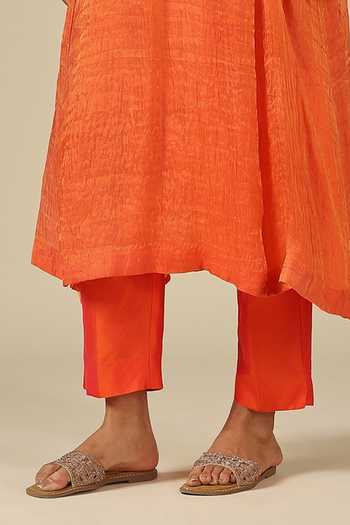 Buy_LATHA PUTTANNA_Coral Silk, Cotton, Tissue Embroidery Round Neck, Raw Hand Kurta And Pant Set _Online_at_Aza_Fashions