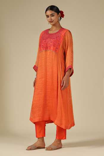 Shop_LATHA PUTTANNA_Coral Silk, Cotton, Tissue Embroidery Round Neck, Raw Hand Kurta And Pant Set _Online_at_Aza_Fashions