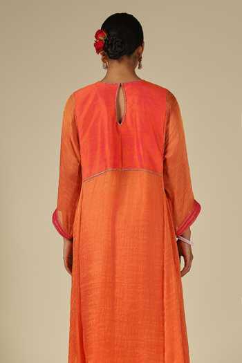 LATHA PUTTANNA_Coral Silk, Cotton, Tissue Embroidery Round Neck, Raw Hand Kurta And Pant Set _at_Aza_Fashions