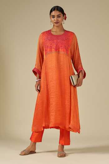 Buy_LATHA PUTTANNA_Coral Silk, Cotton, Tissue Embroidery Round Neck, Raw Hand Kurta And Pant Set _at_Aza_Fashions