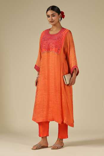 Shop_LATHA PUTTANNA_Coral Silk, Cotton, Tissue Embroidery Round Neck, Raw Hand Kurta And Pant Set 