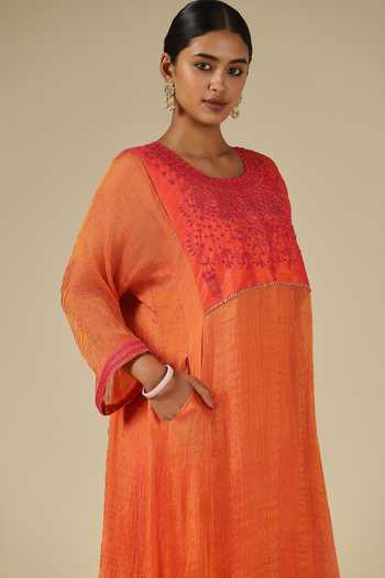 LATHA PUTTANNA_Coral Silk, Cotton, Tissue Embroidery Round Neck, Raw Hand Kurta And Pant Set _Online