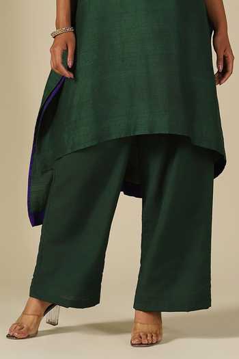 LATHA PUTTANNA_Green Silk, Cotton Embroidery, Mirrors Round Neck, Yes Asymmetric Kurta Set _Online_at_Aza_Fashions