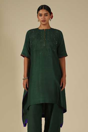 Shop_LATHA PUTTANNA_Green Silk, Cotton Embroidery, Mirrors Round Neck, Yes Asymmetric Kurta Set _Online_at_Aza_Fashions