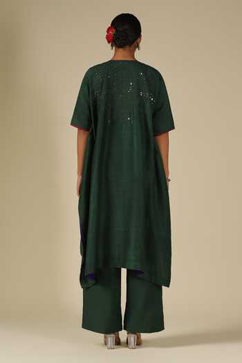 Shop_LATHA PUTTANNA_Green Silk, Cotton Embroidery, Mirrors Round Neck, Yes Asymmetric Kurta Set _at_Aza_Fashions