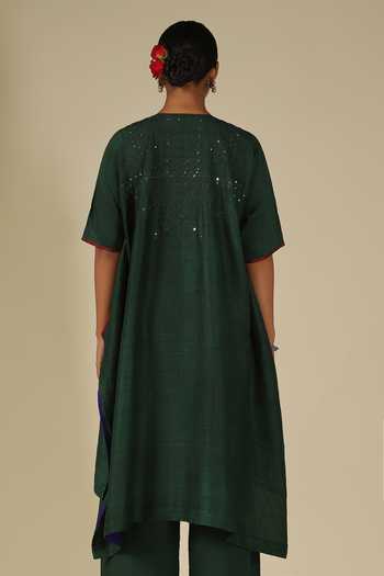 Buy_LATHA PUTTANNA_Green Silk, Cotton Embroidery, Mirrors Round Neck, Yes Asymmetric Kurta Set 