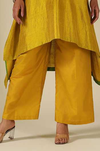 LATHA PUTTANNA_Mustard Silk, Cotton Embroidery, Mirrors Round Neck Raw Kurta And Pant Set _Online_at_Aza_Fashions