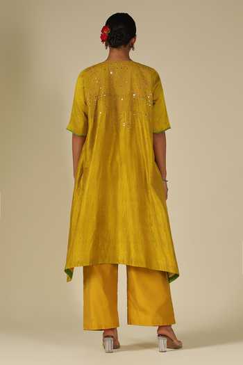 Shop_LATHA PUTTANNA_Mustard Silk, Cotton Embroidery, Mirrors Round Neck Raw Kurta And Pant Set _at_Aza_Fashions