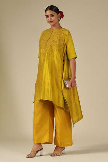 Buy_LATHA PUTTANNA_Mustard Silk, Cotton Embroidery, Mirrors Round Neck Raw Kurta And Pant Set _Online_at_Aza_Fashions