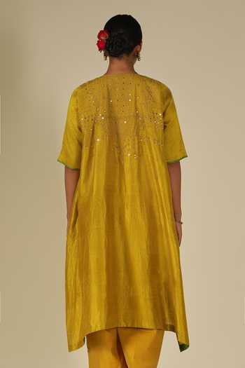 Shop_LATHA PUTTANNA_Mustard Silk, Cotton Embroidery, Mirrors Round Neck Raw Kurta And Pant Set _Online_at_Aza_Fashions