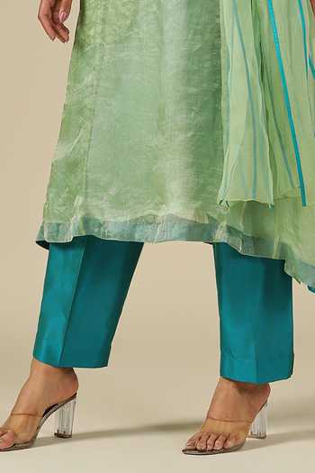 LATHA PUTTANNA_Mint Silk, Cotton, Organza V-neck, Yes Kurta Set _Online_at_Aza_Fashions