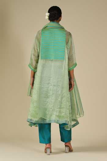 Shop_LATHA PUTTANNA_Mint Silk, Cotton, Organza V-neck, Yes Kurta Set _at_Aza_Fashions
