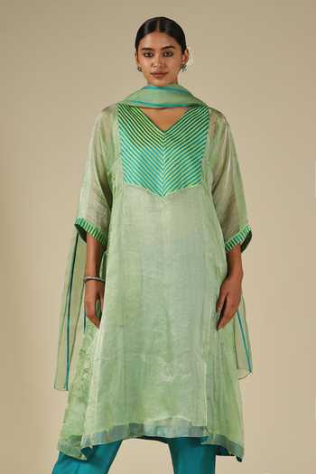 Shop_LATHA PUTTANNA_Mint Silk, Cotton, Organza V-neck, Yes Kurta Set 
