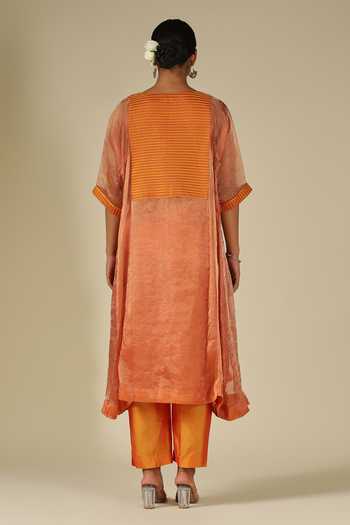 Shop_LATHA PUTTANNA_Orange Silk, Cotton, Organza, Tissue V-neck, Yes Contrast Yoke Kurta Set _at_Aza_Fashions