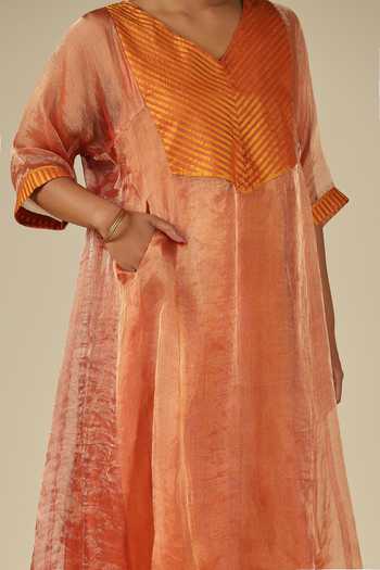 Shop_LATHA PUTTANNA_Orange Silk, Cotton, Organza, Tissue V-neck, Yes Contrast Yoke Kurta Set 