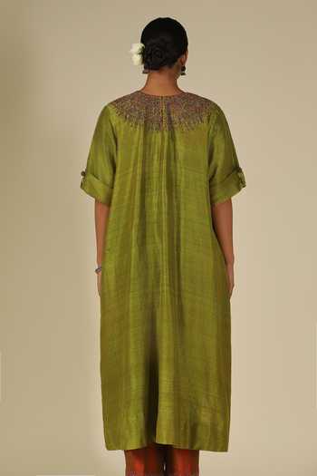 Shop_LATHA PUTTANNA_Olive Green Silk Beads Round Neck Embellished Raw Kurta And Pant Set _Online_at_Aza_Fashions