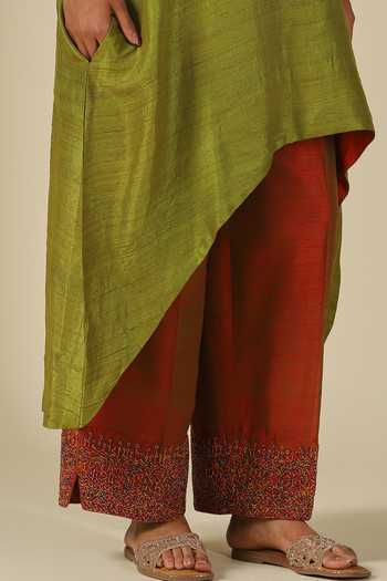 Shop_LATHA PUTTANNA_Olive Green Silk Beads Round Neck Embellished Raw Kurta And Pant Set 