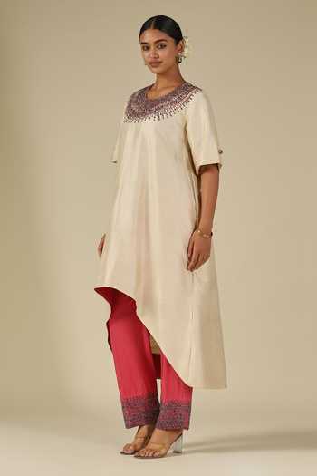LATHA PUTTANNA_Ivory Silk Beads Round Neck, Yes Raw Asymmetric Kurta And Pant Set _Online_at_Aza_Fashions