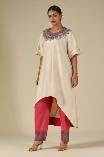 Shop_LATHA PUTTANNA_Ivory Silk Beads Round Neck, Yes Raw Asymmetric Kurta And Pant Set _Online_at_Aza_Fashions
