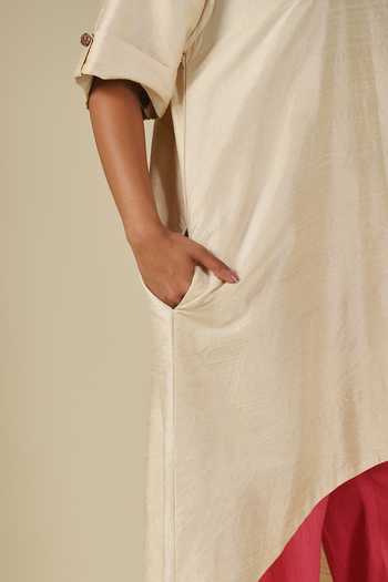 Shop_LATHA PUTTANNA_Ivory Silk Beads Round Neck, Yes Raw Asymmetric Kurta And Pant Set 