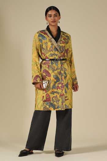 Buy_LATHA PUTTANNA_Mustard Silk Applique Shawl Neck Hand Painted Kalamkari Ikat Raw Jacket _at_Aza_Fashions