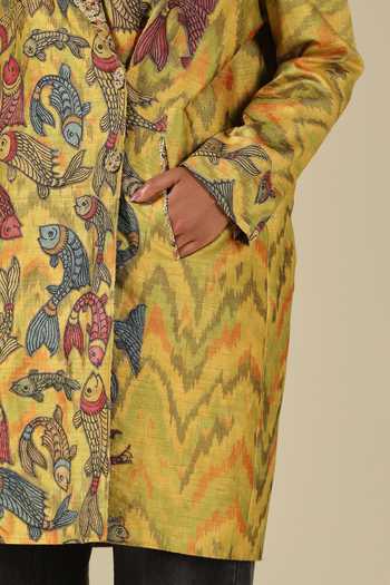 LATHA PUTTANNA_Mustard Silk Applique Shawl Neck Hand Painted Kalamkari Ikat Raw Jacket _at_Aza_Fashions