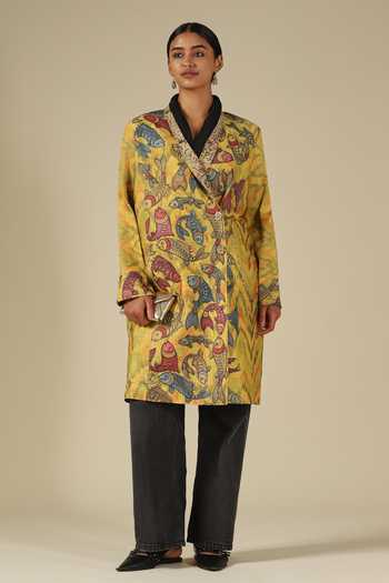 Shop_LATHA PUTTANNA_Mustard Silk Applique Shawl Neck Hand Painted Kalamkari Ikat Raw Jacket 