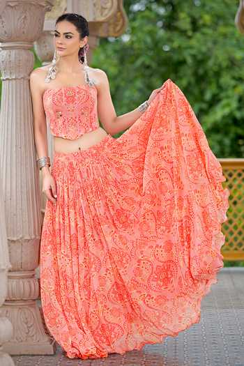 Buy_Sajeda A Lehry_Pink Georgette, Crepe Embroidery, Mirrors Bandeau Floral Print Skirt With Corset _at_Aza_Fashions