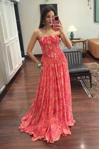 Buy_Sajeda A Lehry_Pink Georgette, Crepe Embroidery, Mirrors Floral Print Corset With Pleated Skirt _at_Aza_Fashions
