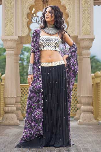Buy_Sajeda A Lehry_Black Georgette, Shantoon Mirrors, Sequins Bandeau Arzoo Printed Cape Skirt Set _at_Aza_Fashions