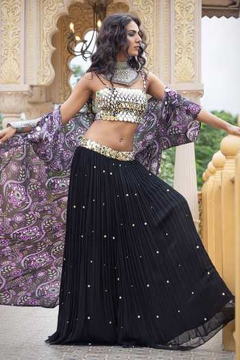 Shop_Sajeda A Lehry_Black Georgette, Shantoon Mirrors, Sequins Bandeau Arzoo Printed Cape Skirt Set _at_Aza_Fashions