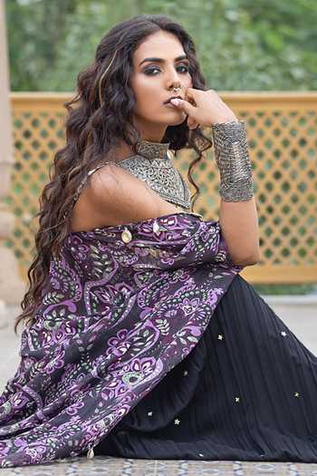 Sajeda A Lehry_Black Georgette, Shantoon Mirrors, Sequins Bandeau Arzoo Printed Cape Skirt Set _Online_at_Aza_Fashions
