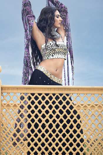 Shop_Sajeda A Lehry_Black Georgette, Shantoon Mirrors, Sequins Bandeau Arzoo Printed Cape Skirt Set _Online_at_Aza_Fashions