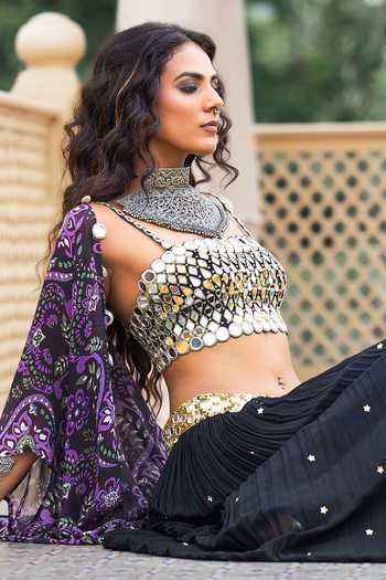 Sajeda A Lehry_Black Georgette, Shantoon Mirrors, Sequins Bandeau Arzoo Printed Cape Skirt Set _at_Aza_Fashions