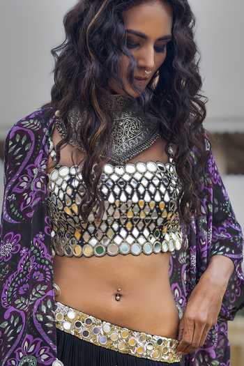 Buy_Sajeda A Lehry_Black Georgette, Shantoon Mirrors, Sequins Bandeau Arzoo Printed Cape Skirt Set 
