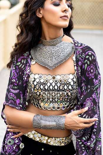 Shop_Sajeda A Lehry_Black Georgette, Shantoon Mirrors, Sequins Bandeau Arzoo Printed Cape Skirt Set 