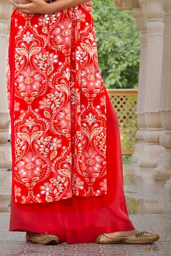 Sajeda A Lehry_Red Crepe Embroidery, Mirrors Halter Neck Indu Printed Kurta And Pant Set _Online_at_Aza_Fashions