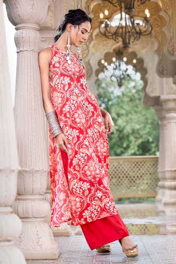 Shop_Sajeda A Lehry_Red Crepe Embroidery, Mirrors Halter Neck Indu Printed Kurta And Pant Set _at_Aza_Fashions
