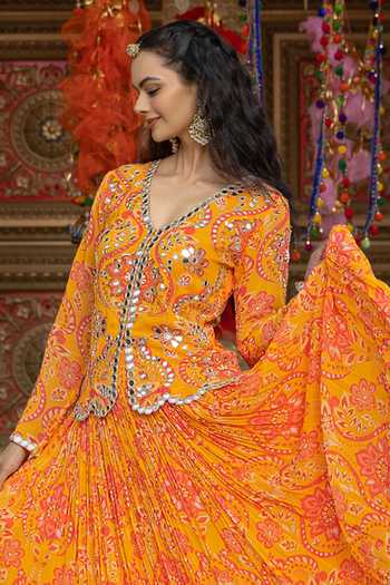 Sajeda A Lehry_Yellow Georgette Embroidery, Mirrors V-neck Mastani Printed Jacket Lehenga Set _Online_at_Aza_Fashions