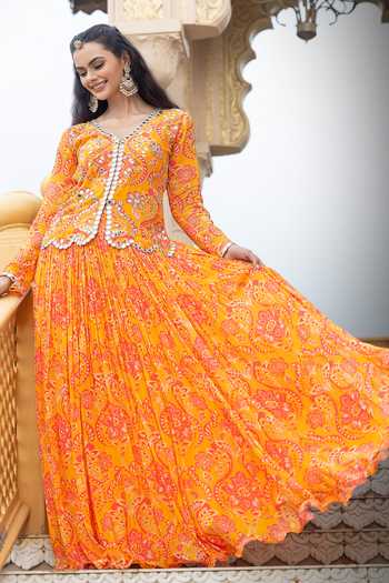 Shop_Sajeda A Lehry_Yellow Georgette Embroidery, Mirrors V-neck Mastani Printed Jacket Lehenga Set _at_Aza_Fashions