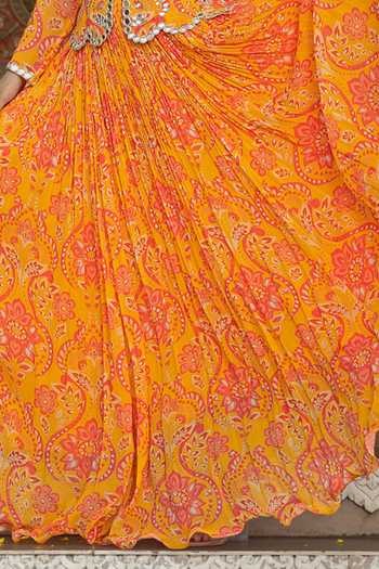 Buy_Sajeda A Lehry_Yellow Georgette Embroidery, Mirrors V-neck Mastani Printed Jacket Lehenga Set _Online_at_Aza_Fashions
