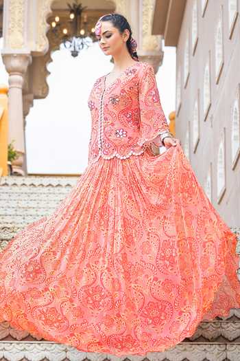 Shop_Sajeda A Lehry_Pink Georgette Embroidery, Mirrors V-neck Mastani Printed Jacket Lehenga Set _at_Aza_Fashions