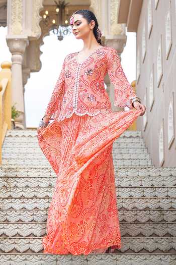 Sajeda A Lehry_Pink Georgette Embroidery, Mirrors V-neck Mastani Printed Jacket Lehenga Set _Online_at_Aza_Fashions