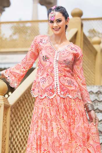 Buy_Sajeda A Lehry_Pink Georgette Embroidery, Mirrors V-neck Mastani Printed Jacket Lehenga Set _Online_at_Aza_Fashions