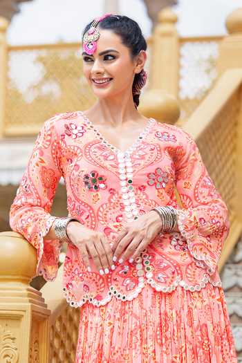 Shop_Sajeda A Lehry_Pink Georgette Embroidery, Mirrors V-neck Mastani Printed Jacket Lehenga Set _Online_at_Aza_Fashions