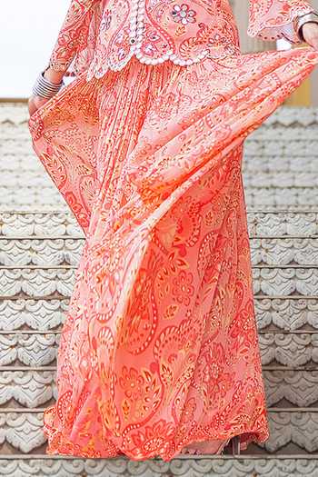 Buy_Sajeda A Lehry_Pink Georgette Embroidery, Mirrors V-neck Mastani Printed Jacket Lehenga Set 